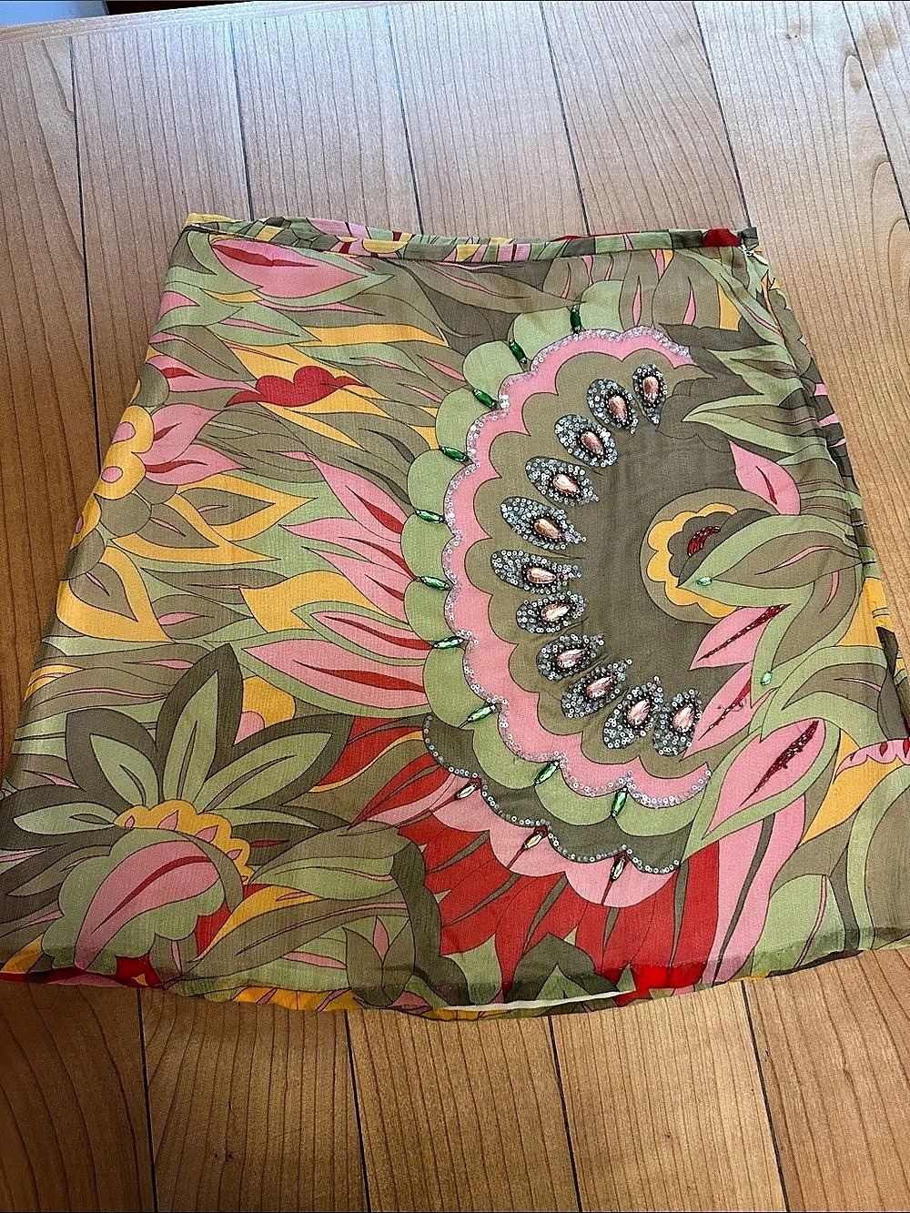 MALIPARMI Made in Italy Floral Embellished Mini Skirt in Green & Pink Size 10 Li